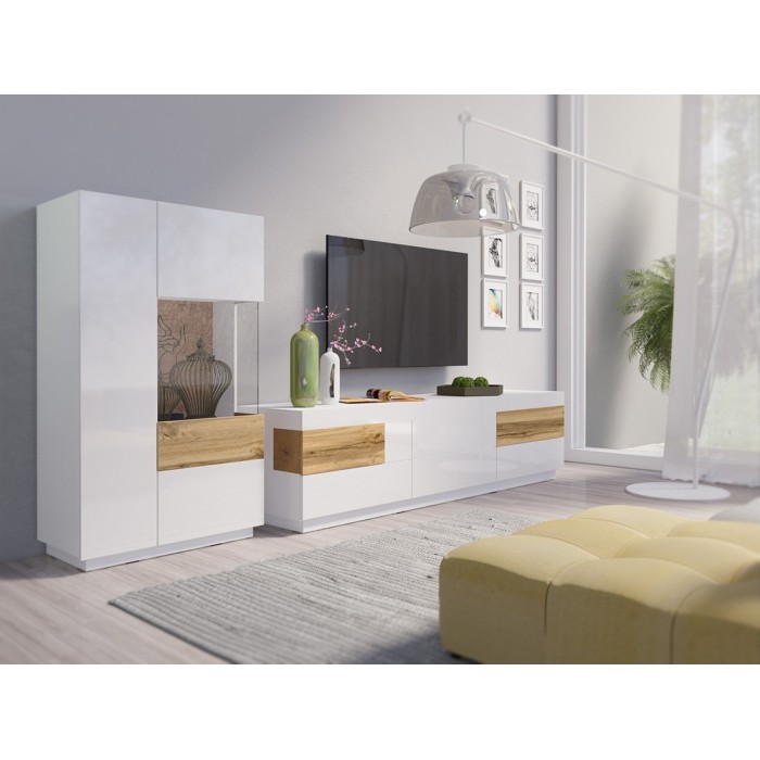 Meuble TV XL 200cm collection KILES. Coloris blanc et chêne. Style design.