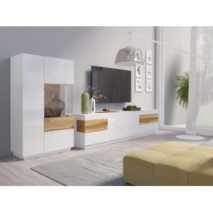 Meuble TV XL 200cm collection KILES. Coloris blanc et chêne. Style design.