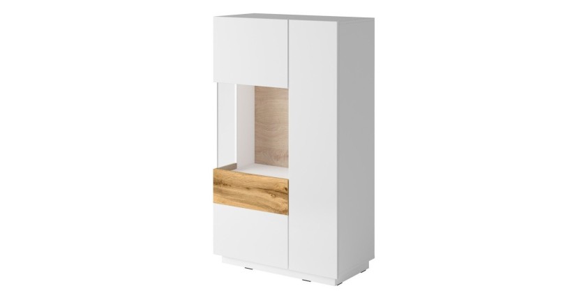 Buffet haut avec LED collection KILES deux portes. Coloris blanc et chêne. Porte vitrée à gauche