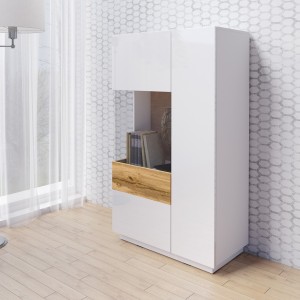 Buffet haut avec LED collection KILES deux portes. Coloris blanc et chêne. Porte vitrée à gauche