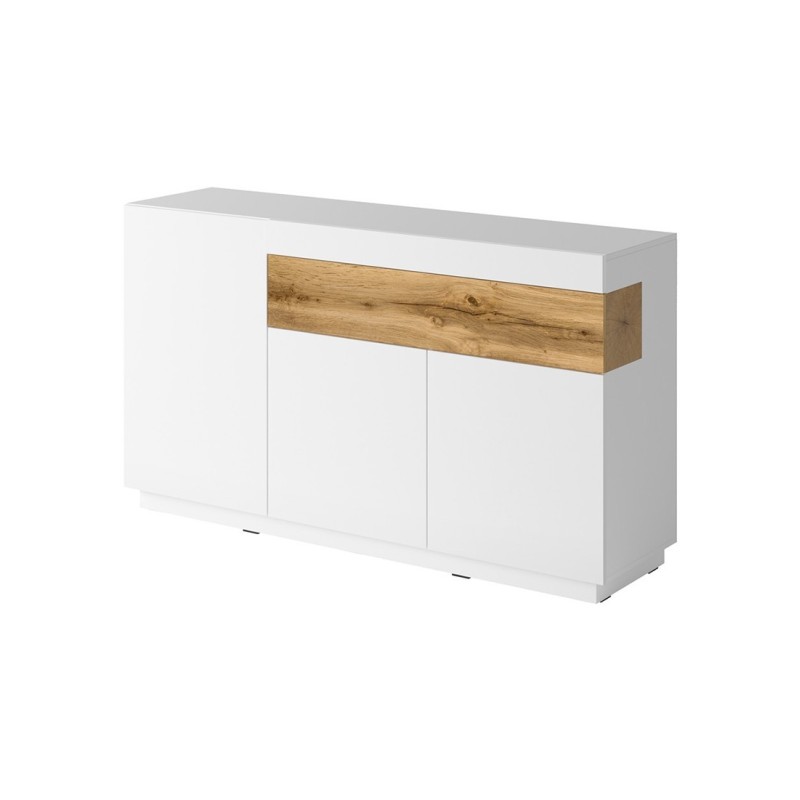 Buffet, bahut, enfilade KILES trois portes et un tiroir. Coloris blanc et chêne. Style design