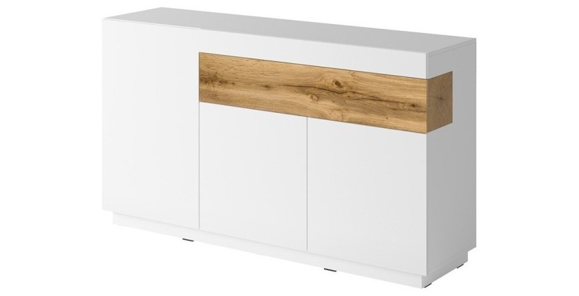 Buffet, bahut, enfilade KILES trois portes et un tiroir. Coloris blanc et chêne. Style design