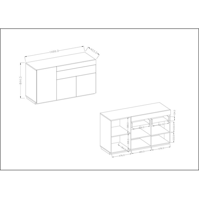 Buffet, bahut, enfilade KILES trois portes et un tiroir. Coloris blanc et chêne. Style design