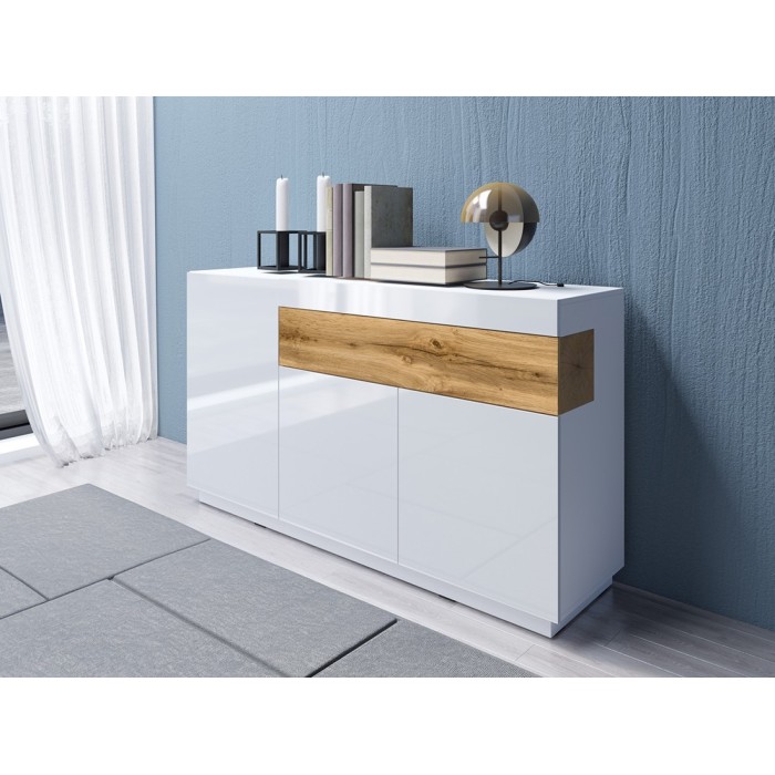 Buffet, bahut, enfilade KILES trois portes et un tiroir. Coloris blanc et chêne. Style design