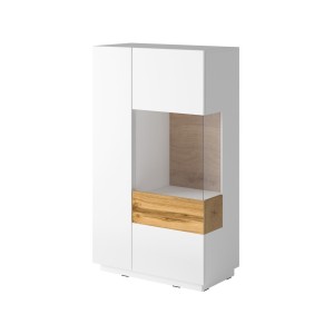 Buffet haut avec LED collection KILES deux portes. Coloris blanc et chêne. Porte vitrée à droite