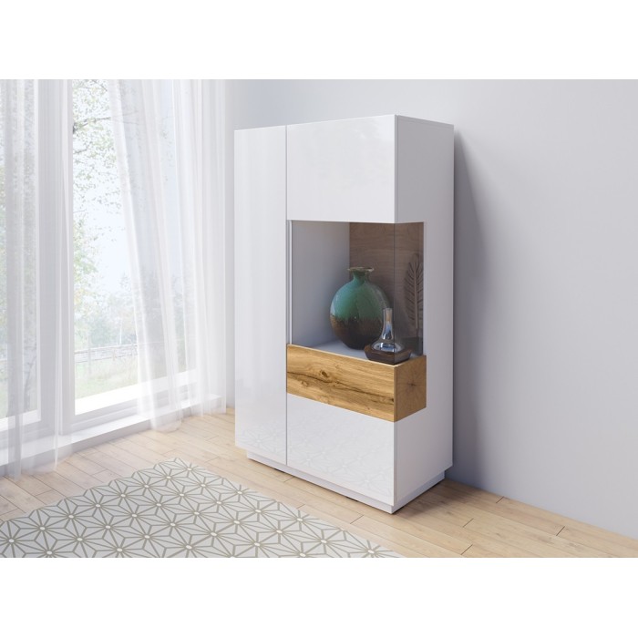 Buffet haut avec LED collection KILES deux portes. Coloris blanc et chêne. Porte vitrée à droite