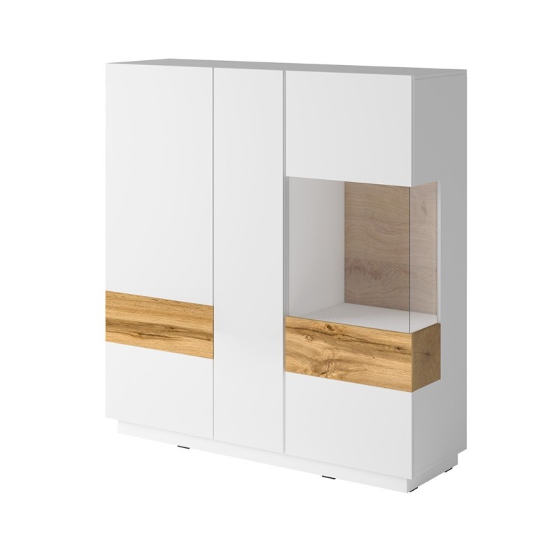 Buffet haut KILES trois portes avec LED. Coloris blanc et chêne. Style design