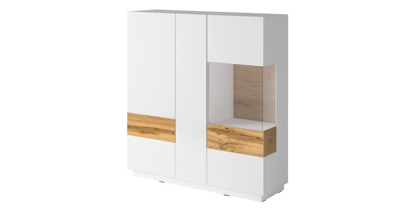 Buffet haut KILES trois portes avec LED. Coloris blanc et chêne. Style design