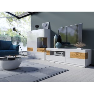 Buffet haut KILES trois portes avec LED. Coloris blanc et chêne. Style design