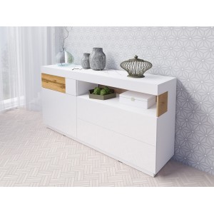 Buffet collection KILES 170cm, LED intégré. Coloris blanc et chêne. Style design