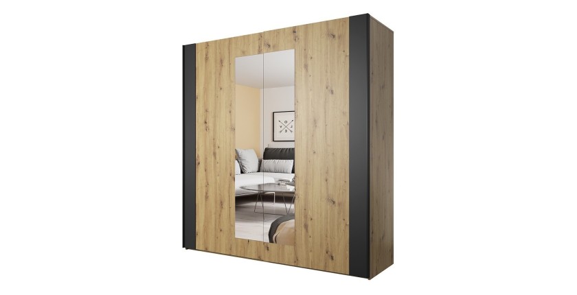 Armoire 200cm. 2 portes coulissantes avec miroirs couleur chêne clair et noir. Collection FOX