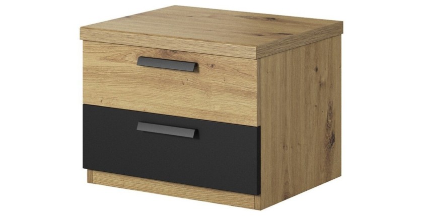 Table de chevet deux tiroirs, collection FOX. Coloris chêne clair et noir.