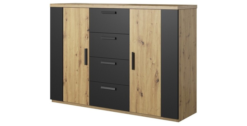 Commode design 2 portes et 4 tiroirs 130cm. Collection FOX coloris chêne clair et noir.