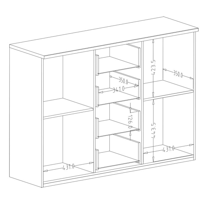 Commode design 2 portes et 4 tiroirs 130cm. Collection FOX coloris chêne clair et noir.
