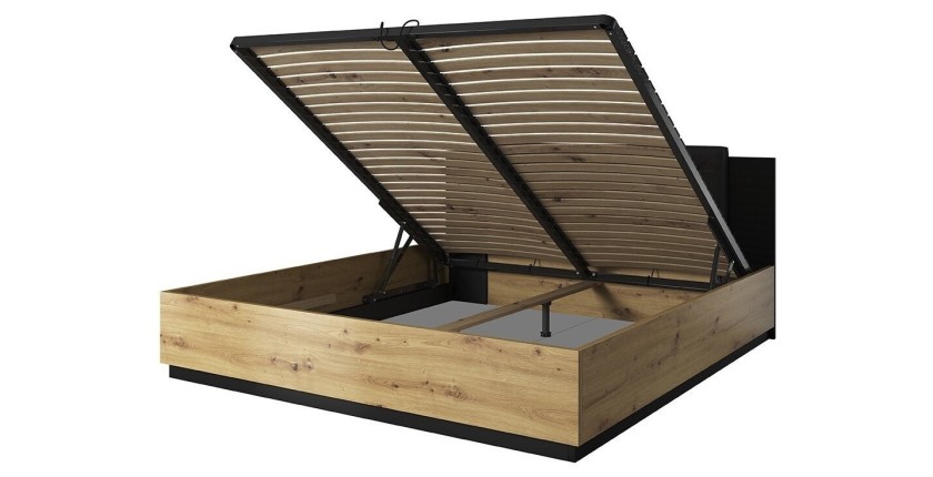 Lit coffre 180x200 coloris chêne clair et noir collection FOX.