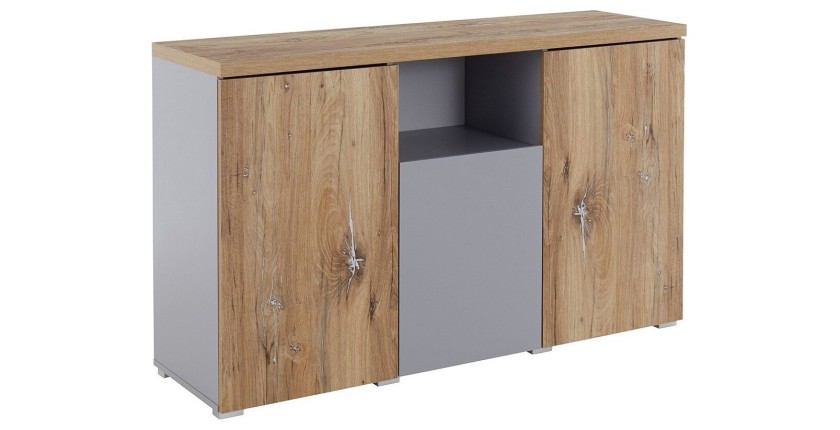 Buffet 130cm collection ASTY trois portes et une niche. Coloris gris et chêne.