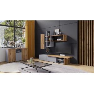 Buffet 130cm collection ASTY trois portes et une niche. Coloris gris et chêne.