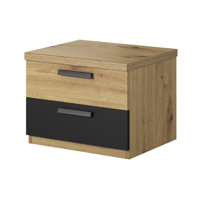 Chambre à coucher complète FOX : Lit coffre 160x200, Armoire 200cm, commode, chevets. Couleur chêne clair et noir