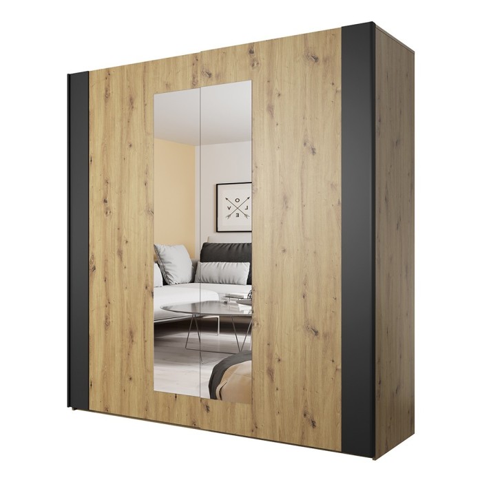 Chambre à coucher complète FOX : Lit coffre 160x200, Armoire 200cm, commode, chevets. Couleur chêne clair et noir