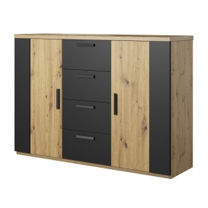 Chambre à coucher complète FOX : Armoire 200cm, Lit 180x200, commode, chevets. Couleur chêne clair et noir.