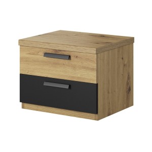 Chambre à coucher complète FOX : Armoire 200cm, Lit 180x200, commode, chevets. Couleur chêne clair et noir.