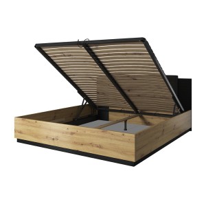 Chambre à coucher complète FOX : Lit coffre 180x200, Armoire, commode et chevets. Couleur chêne clair et noir