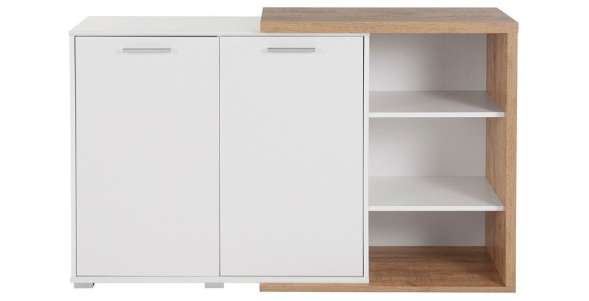 Buffet 140cm design pour salon couleur blanc et chêne collection HARLEM.