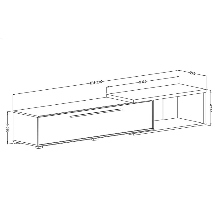 Meuble TV extensible et inclinable de 183 à 250cm collection HARLEM. Couleur blanc et chêne.