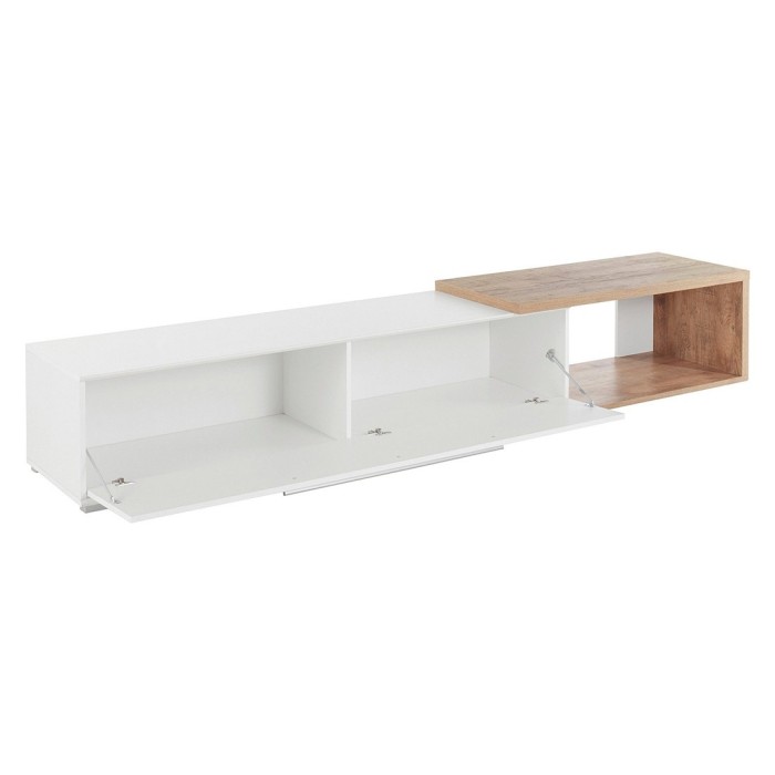 Meuble TV extensible et inclinable de 183 à 250cm collection HARLEM. Couleur blanc et chêne.