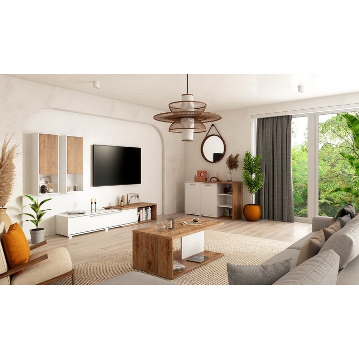 Meuble TV extensible et inclinable de 183 à 250cm collection HARLEM. Couleur blanc et chêne.