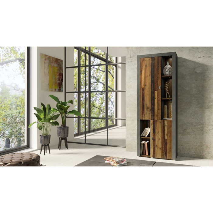 Vitrine haute design, 2 portes collection BELMONT. Couleur chêne foncé et gris.