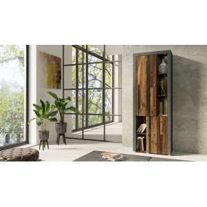 Vitrine haute design, 2 portes collection BELMONT. Couleur chêne foncé et gris.