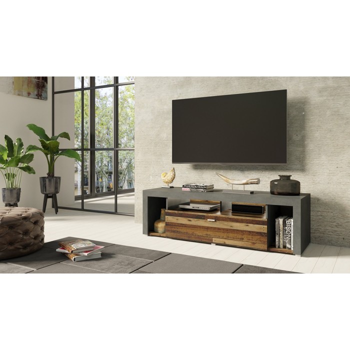 Meuble TV 150cm collection BELMONT. Coloris chêne foncé et gris foncé.
