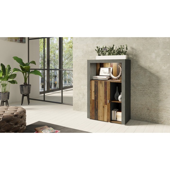 Buffet haut collection BELMONT une porte et trois niches. Coloris chêne foncé et gris foncé