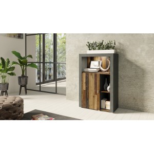 Buffet haut collection BELMONT une porte et trois niches. Coloris chêne foncé et gris foncé