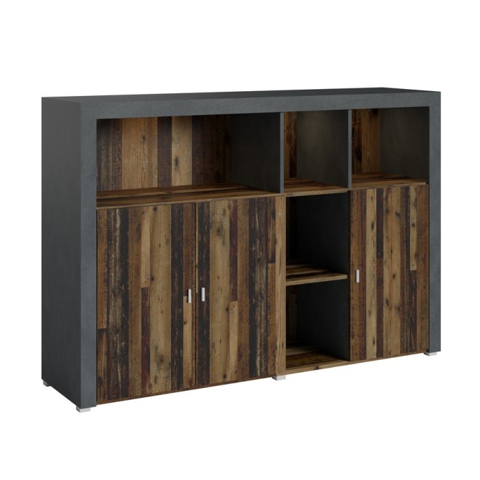 Buffet 160cm coloris chêne foncé et gris foncé avec nombreux rangements collection BELMONT.