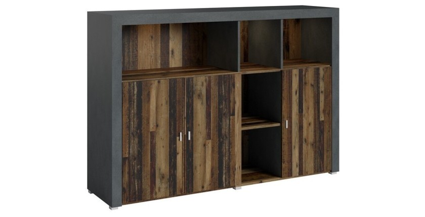Buffet 160cm coloris chêne foncé et gris foncé avec nombreux rangements collection BELMONT.