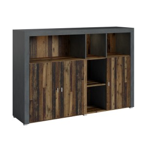 Buffet 160cm coloris chêne foncé et gris foncé avec nombreux rangements collection BELMONT.