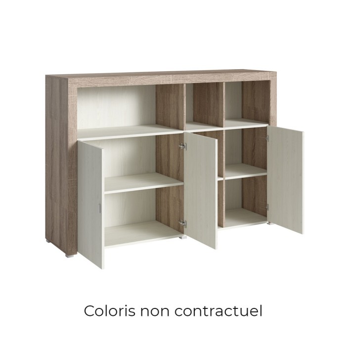 Buffet 160cm coloris chêne foncé et gris foncé avec nombreux rangements collection BELMONT.