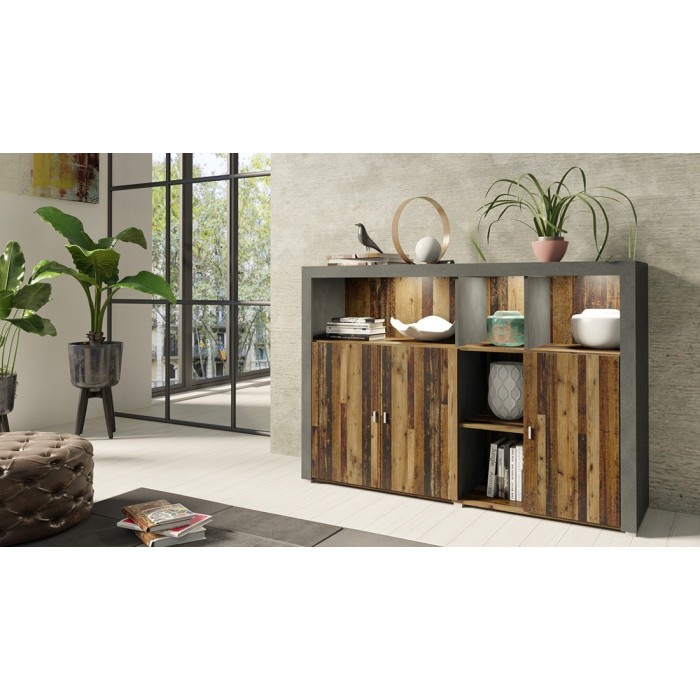 Buffet 160cm coloris chêne foncé et gris foncé avec nombreux rangements collection BELMONT.