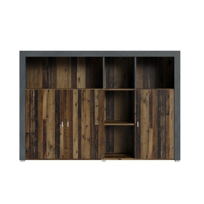 Buffet 160cm coloris chêne foncé et gris foncé avec nombreux rangements collection BELMONT.
