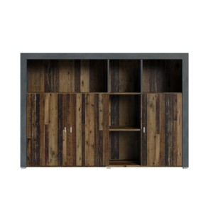 Buffet 160cm coloris chêne foncé et gris foncé avec nombreux rangements collection BELMONT.