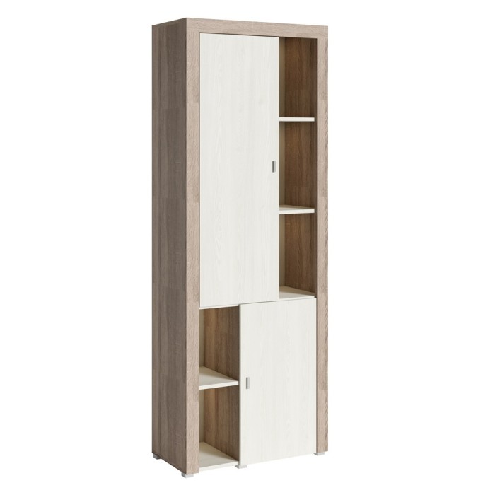 Vitrine haute design, 2 portes collection BELMONT. Coloris chêne et blanc crème effet bois.