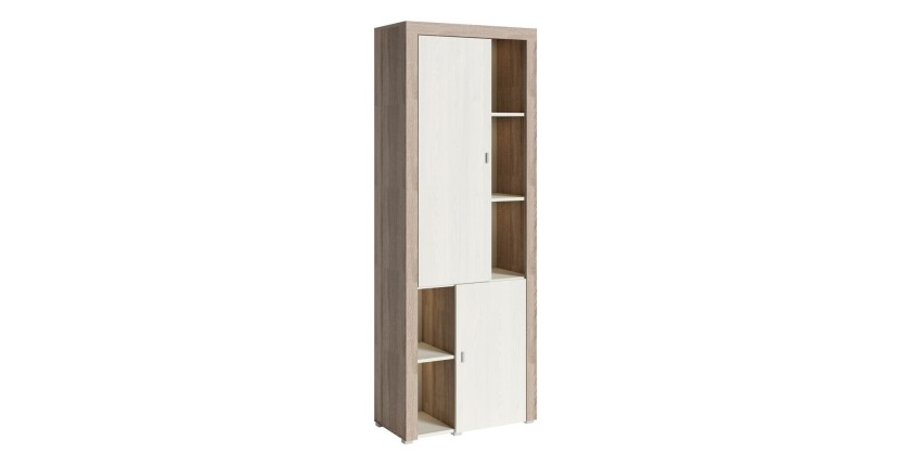 Vitrine haute design, 2 portes collection BELMONT. Coloris chêne et blanc crème effet bois.