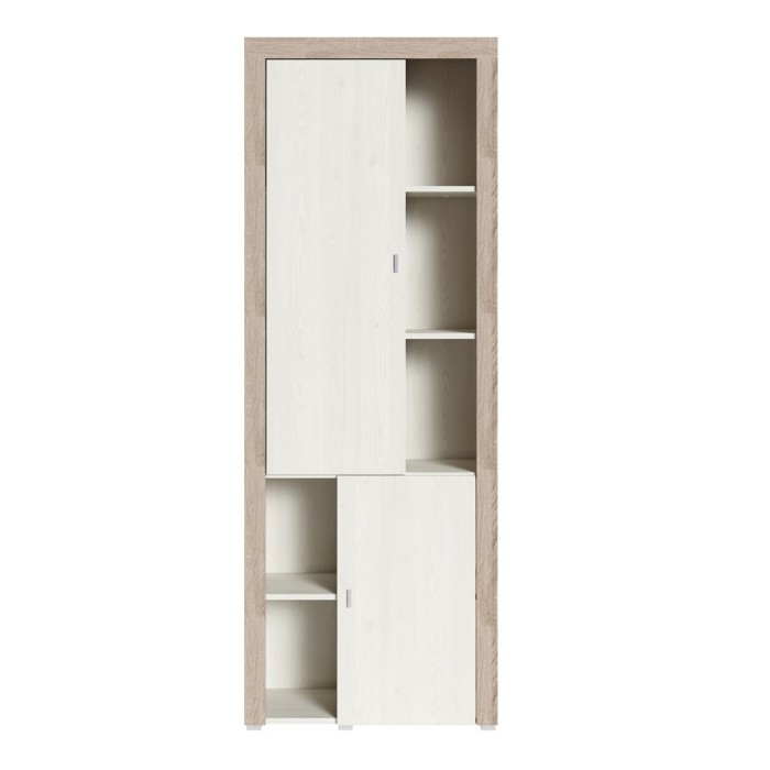Vitrine haute design, 2 portes collection BELMONT. Coloris chêne et blanc crème effet bois.