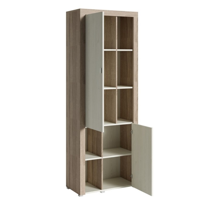 Vitrine haute design, 2 portes collection BELMONT. Coloris chêne et blanc crème effet bois.