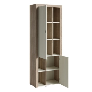 Vitrine haute design, 2 portes collection BELMONT. Coloris chêne et blanc crème effet bois.