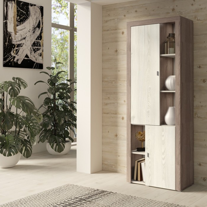 Vitrine haute design, 2 portes collection BELMONT. Coloris chêne et blanc crème effet bois.