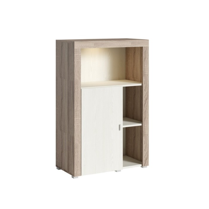 Buffet haut collection BELMONT une porte et trois niches. Coloris chêne et blanc crème effet bois.