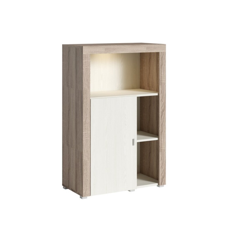 Buffet haut collection BELMONT une porte et trois niches. Coloris chêne et blanc crème effet bois.
